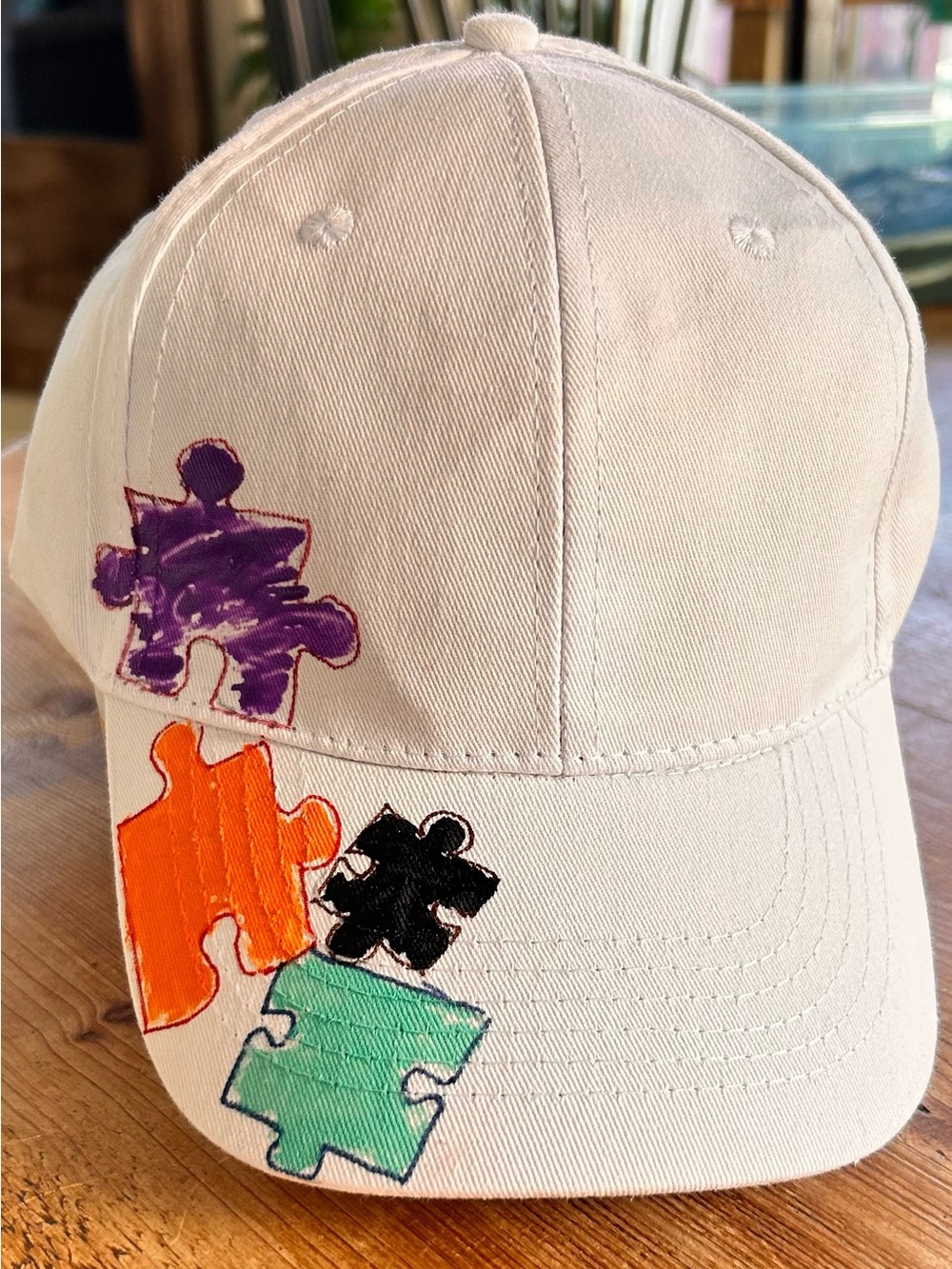 Hand-Painted Puzzle Piece Baseball Cap| One-of-a-Kind| Connections by Dee